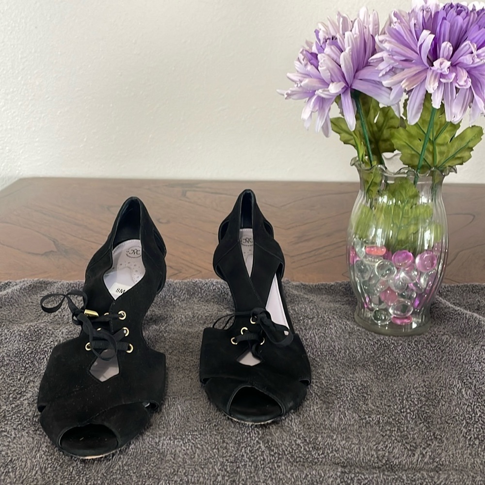 Johnson and Murphy Lace Up Open Toe Heels
